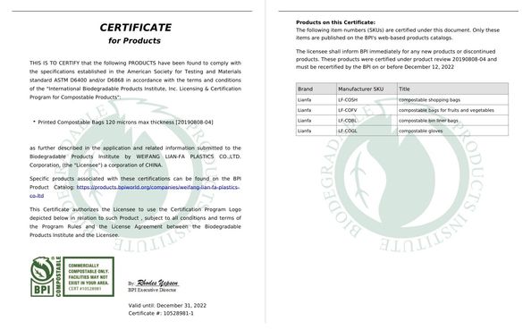 Porcellana Weifang Lian-Fa Plastics Co., Ltd. Certificazioni